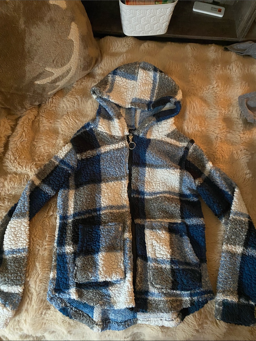 Love Plush Hooded Jacket in Blue, Gray & Cream Plaid